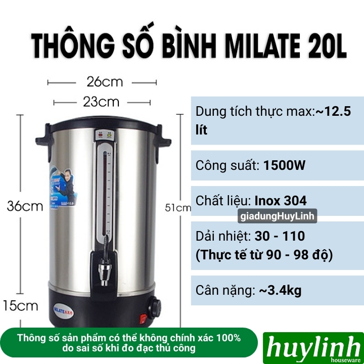 Bình đun nước nóng Milate dung tích 8 lít - 10 lít - 12 lít - 16 lít - 20 lít - Inox 304 cao cấp 5