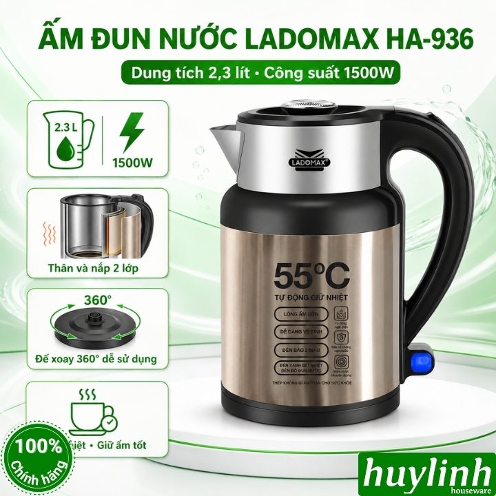 Bình đun nước siêu tốc Ladomax HA-839 - 2.3 lít - Có chức năng giữ ấm tự động