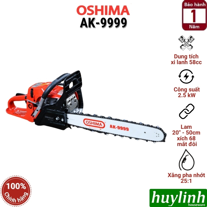 Máy cưa xích chạy xăng 2 thì Oshima AK-9999 - lam 50cm - xi lanh 58cc - 2.5kw