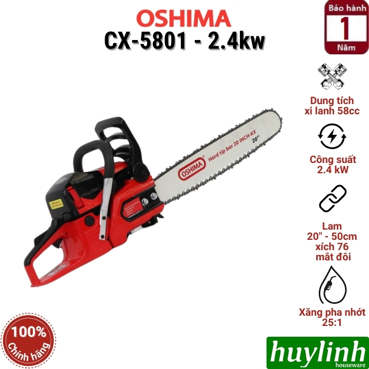 Máy cưa xích chạy xăng 2 thì Oshima CX-5801 - 58cc - lam 50cm - 2.4kw