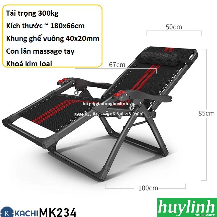 Ghế xếp gấp thư giãn Kachi MK234 - Có lăn massage tay - Tặng khay để ly - Tải trọng 300kg