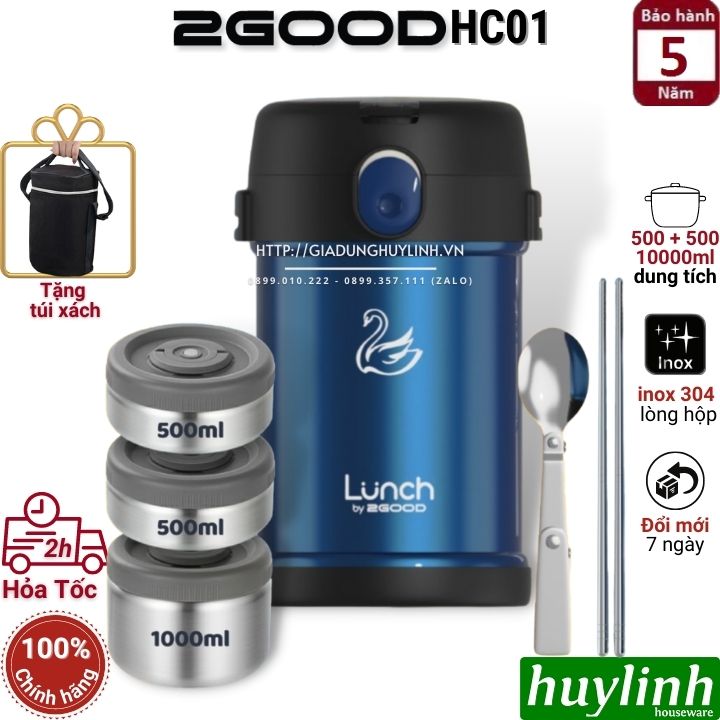Hộp cơm giữ nhiệt 3 ngăn 2Good HC01 - 2 lít - Tặng túi xách