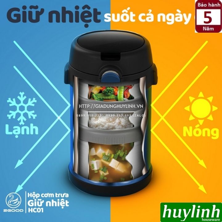 Hộp cơm giữ nhiệt 3 ngăn 2Good HC01 - 2 lít - Tặng túi xách 3