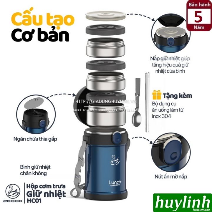 Hộp cơm giữ nhiệt 3 ngăn 2Good HC01 - 2 lít - Tặng túi xách 4
