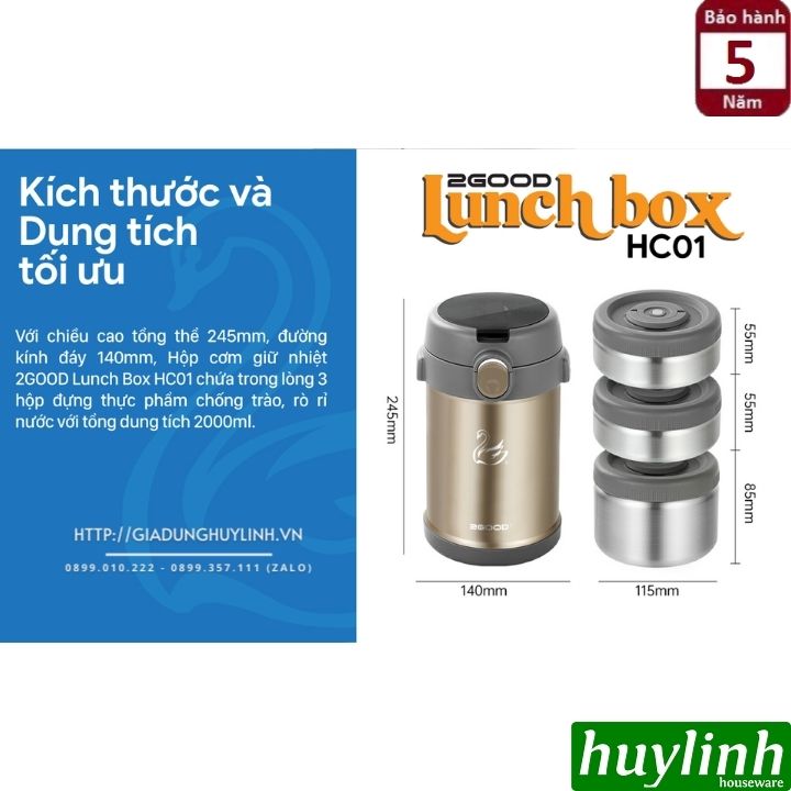 Hộp cơm giữ nhiệt 3 ngăn 2Good HC01 - 2 lít - Tặng túi xách 5