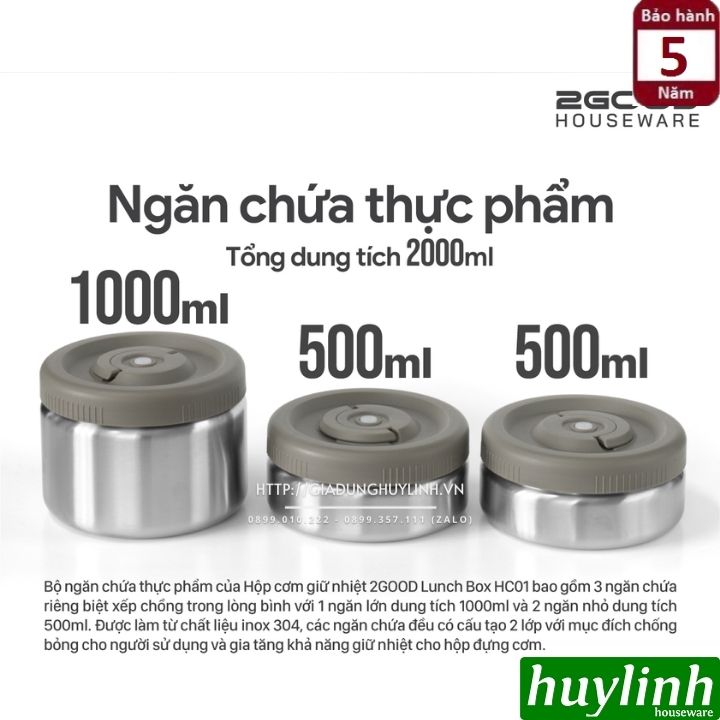 Hộp cơm giữ nhiệt 3 ngăn 2Good HC01 - 2 lít - Tặng túi xách 6