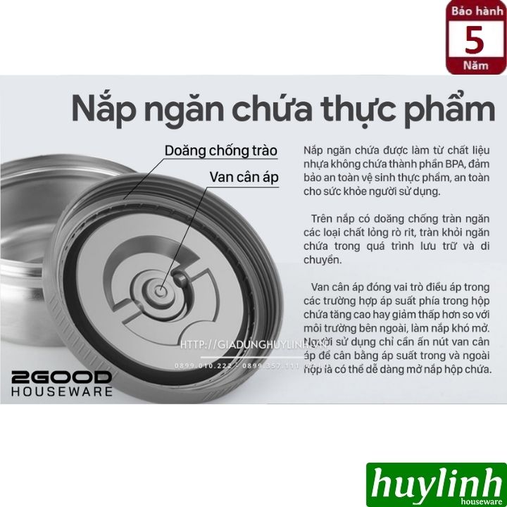 Hộp cơm giữ nhiệt 3 ngăn 2Good HC01 - 2 lít - Tặng túi xách 8