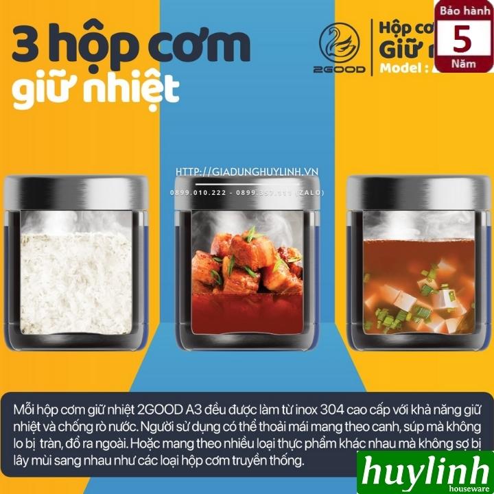 Bộ 3 hộp cơm trưa giữ nhiệt 2Good A3 - 1140ml - Tặng kèm muỗng nĩa 3