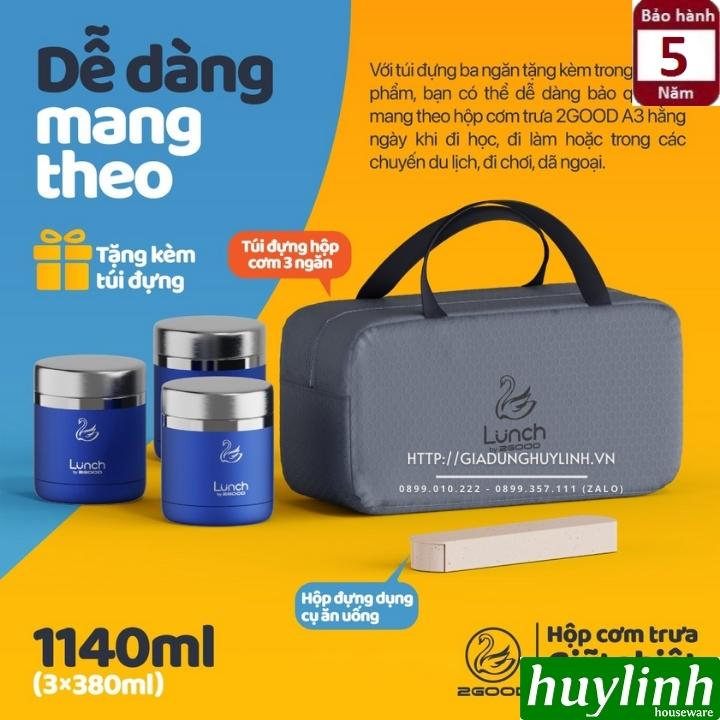 Bộ 3 hộp cơm trưa giữ nhiệt 2Good A3 - 1140ml - Tặng kèm muỗng nĩa 6