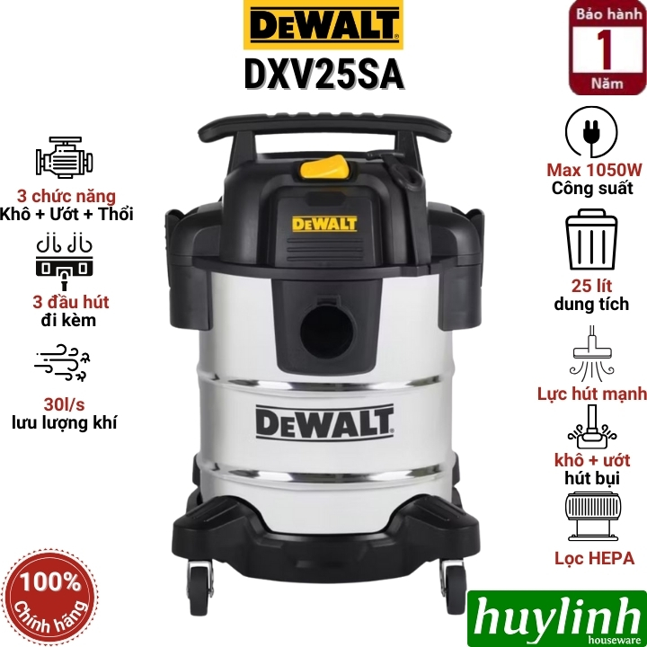 Máy hút bụi 3 chức năng Dewalt DXV25SA – 25 lít - Hút bụi khô - Ướt - Thổi bụi