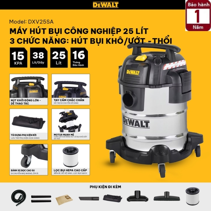 Máy hút bụi 3 chức năng Dewalt DXV25SA – 25 lít - Hút bụi khô - Ướt - Thổi bụi 2