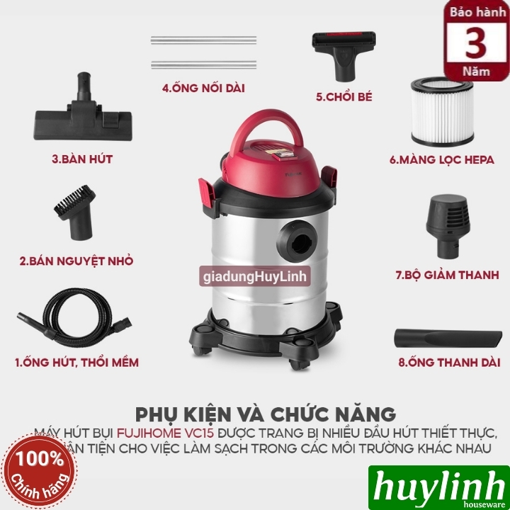 Máy hút bụi khô - ướt - thổi bụi FujiHome VC15 - 15 lít - Motor italy lõi đồng 3