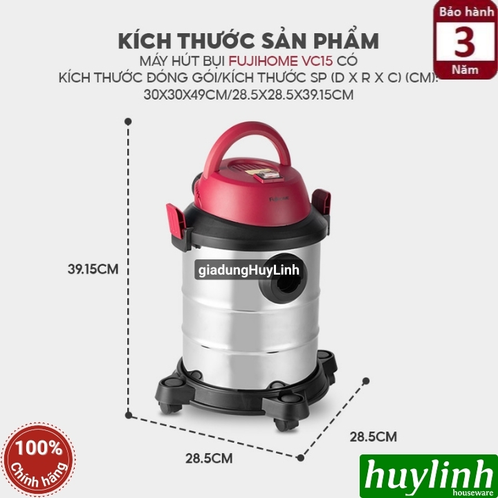 Máy hút bụi khô - ướt - thổi bụi FujiHome VC15 - 15 lít - Motor italy lõi đồng 4
