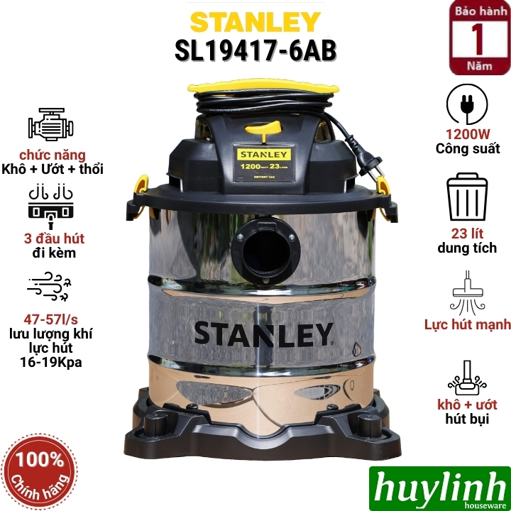 Máy hút bụi 3 chức năng Stanley SL19417-6AB - 23 lít - 1200W - Hút bụi khô ướt và thổi bụi