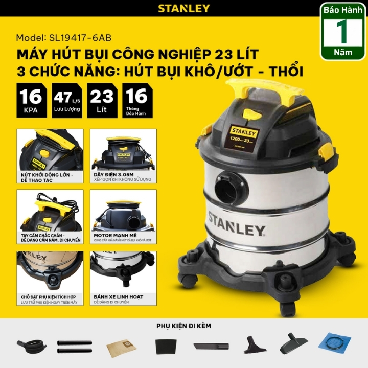 Máy hút bụi 3 chức năng Stanley SL19417-6AB - 23 lít - 1200W - Hút bụi khô ướt và thổi bụi 2