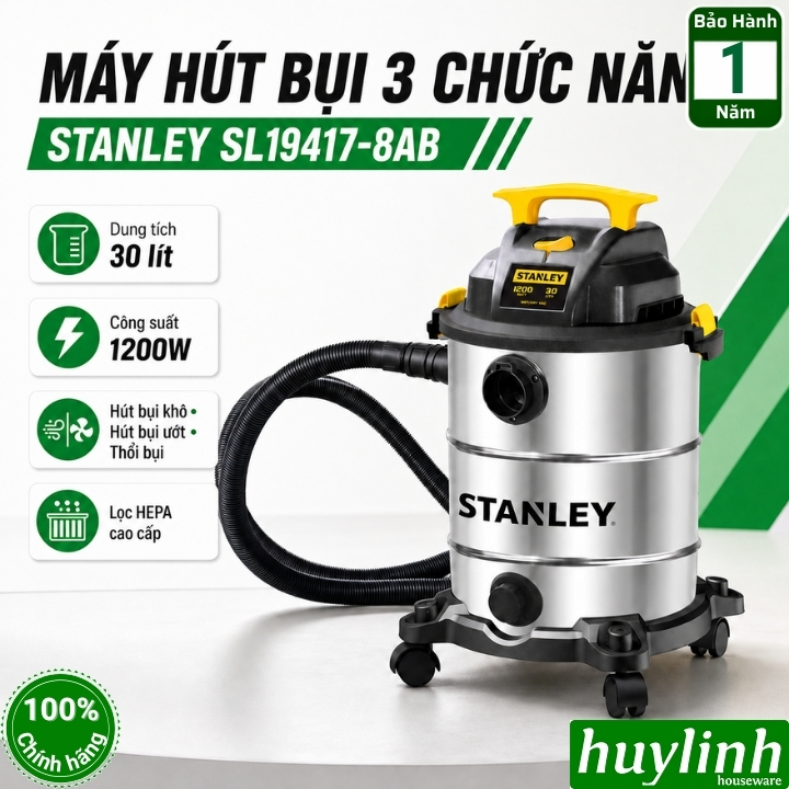 (Mới 2025) Máy hút bụi 3 chức năng Stanley SL19417-8AB - 30 lít - 1200W - Hút bụi khô ướt và thổi bụi