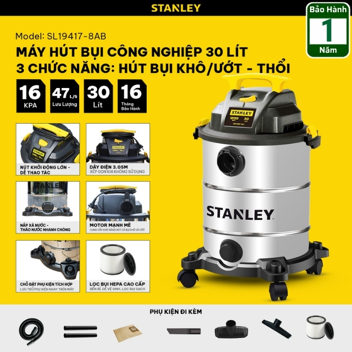 (Mới 2025) Máy hút bụi 3 chức năng Stanley SL19417-8AB - 30 lít - 1200W - Hút bụi khô ướt và thổi bụi 2