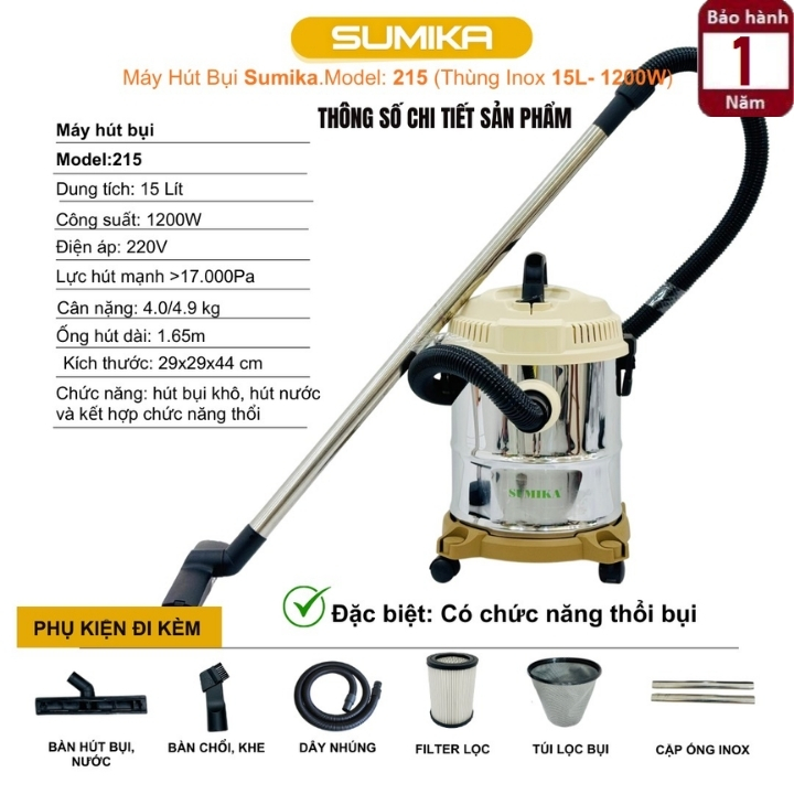 Máy hút bụi 3 chức năng Sumika 215 - 15 lít - 1200W - Hút bụi khô - ướt và thổi bụi 2