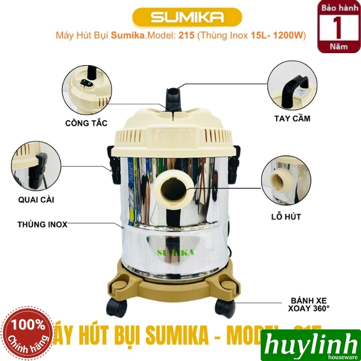 Máy hút bụi 3 chức năng Sumika 215 - 15 lít - 1200W - Hút bụi khô - ướt và thổi bụi 5