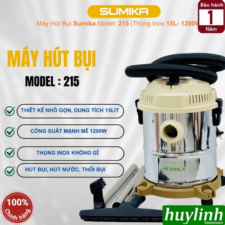 Máy hút bụi 3 chức năng Sumika 215 - 15 lít - 1200W - Hút bụi khô - ướt và thổi bụi 6