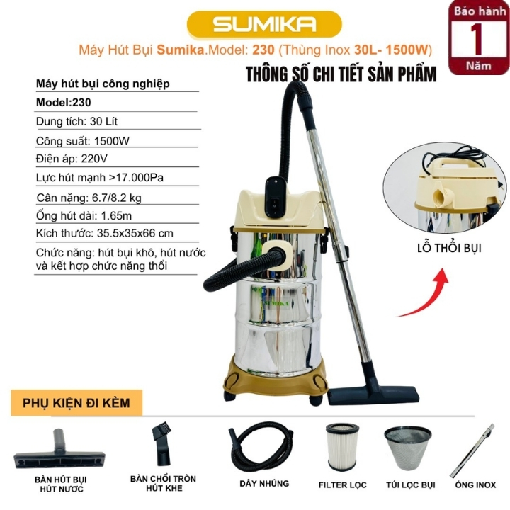 Máy hút bụi 3 chức năng Sumika 230 - 30 lít - 1500W - Hút bụi khô - ướt và thổi bụi 2