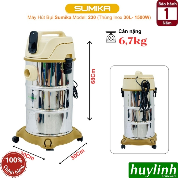 Máy hút bụi 3 chức năng Sumika 230 - 30 lít - 1500W - Hút bụi khô - ướt và thổi bụi 3