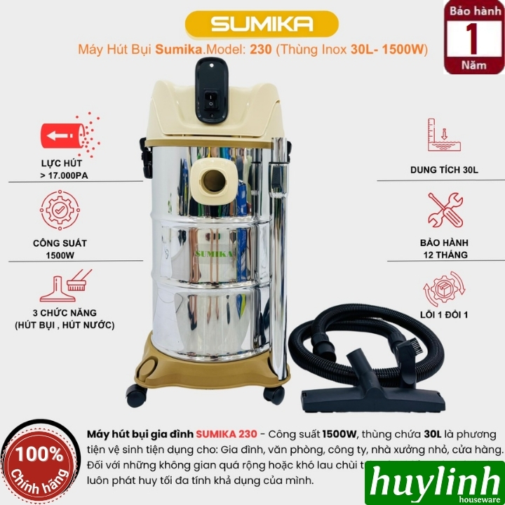 Máy hút bụi 3 chức năng Sumika 230 - 30 lít - 1500W - Hút bụi khô - ướt và thổi bụi 4