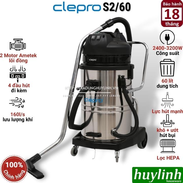 Máy hút bụi công nghiệp khô và ướt Clepro S2/60 - 60 lít - 2 motor