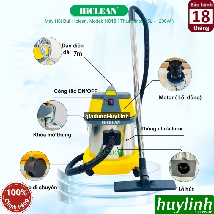 Máy hút bụi công nghiệp khô và ướt Hiclean HC15 - 15 lít - 1200W 5