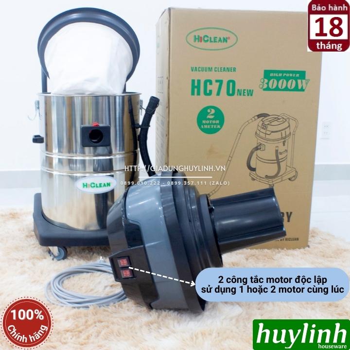 Máy hút bụi công nghiệp khô và ướt Hiclean HC70 New - 70 lít - công suât 3000W - 2 Motor độc lập 3