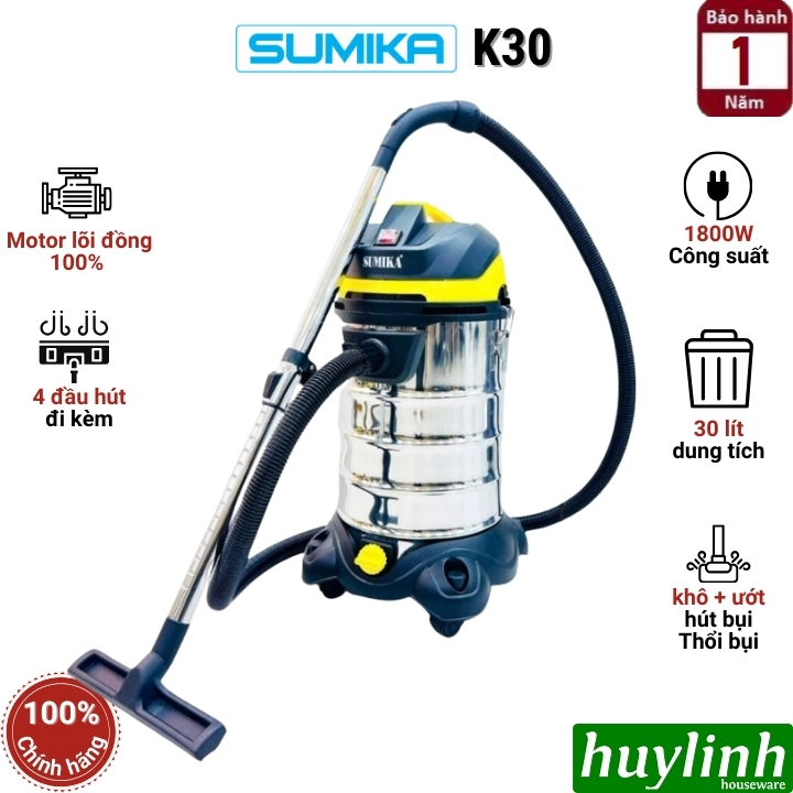 Máy hút bụi 3 chức năng Sumika K30 - 30 lít - 1800W - Hút bụi khô - ướt và thổi bụi