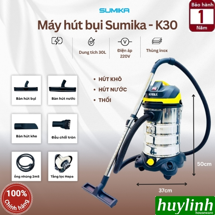 Máy hút bụi 3 chức năng Sumika K30 - 30 lít - 1800W - Hút bụi khô - ướt và thổi bụi 3