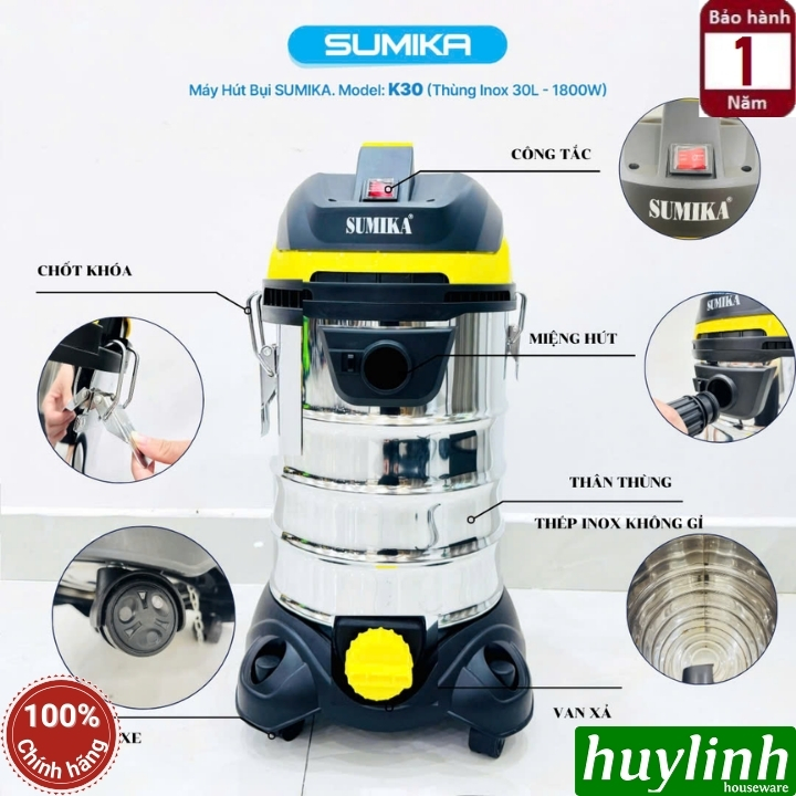 Máy hút bụi 3 chức năng Sumika K30 - 30 lít - 1800W - Hút bụi khô - ướt và thổi bụi 4