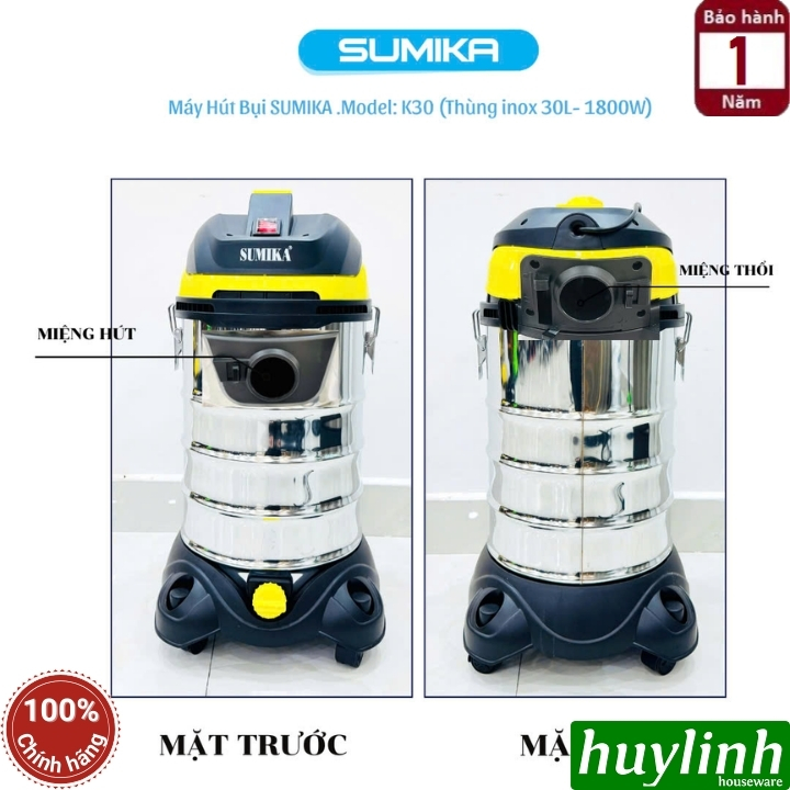 Máy hút bụi 3 chức năng Sumika K30 - 30 lít - 1800W - Hút bụi khô - ướt và thổi bụi 5