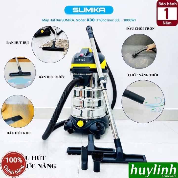 Máy hút bụi 3 chức năng Sumika K30 - 30 lít - 1800W - Hút bụi khô - ướt và thổi bụi 6