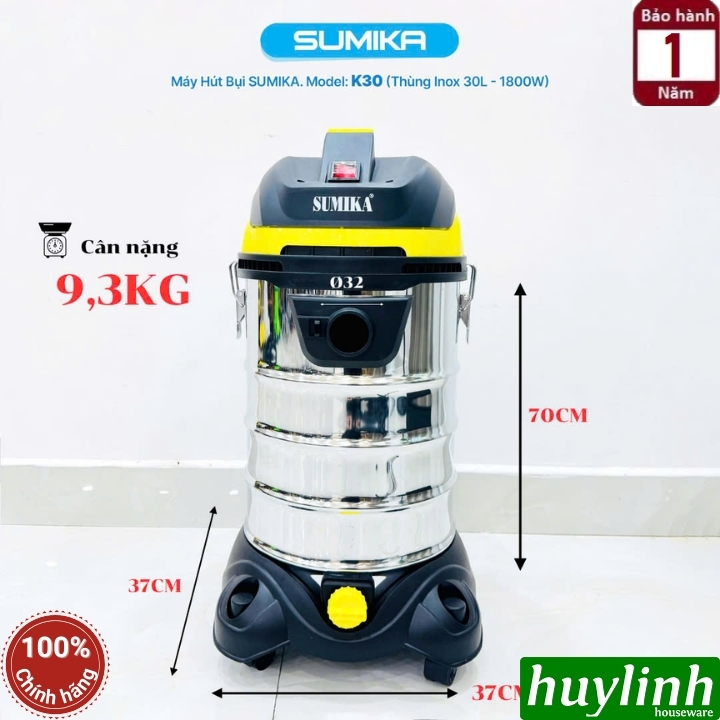 Máy hút bụi 3 chức năng Sumika K30 - 30 lít - 1800W - Hút bụi khô - ướt và thổi bụi 8