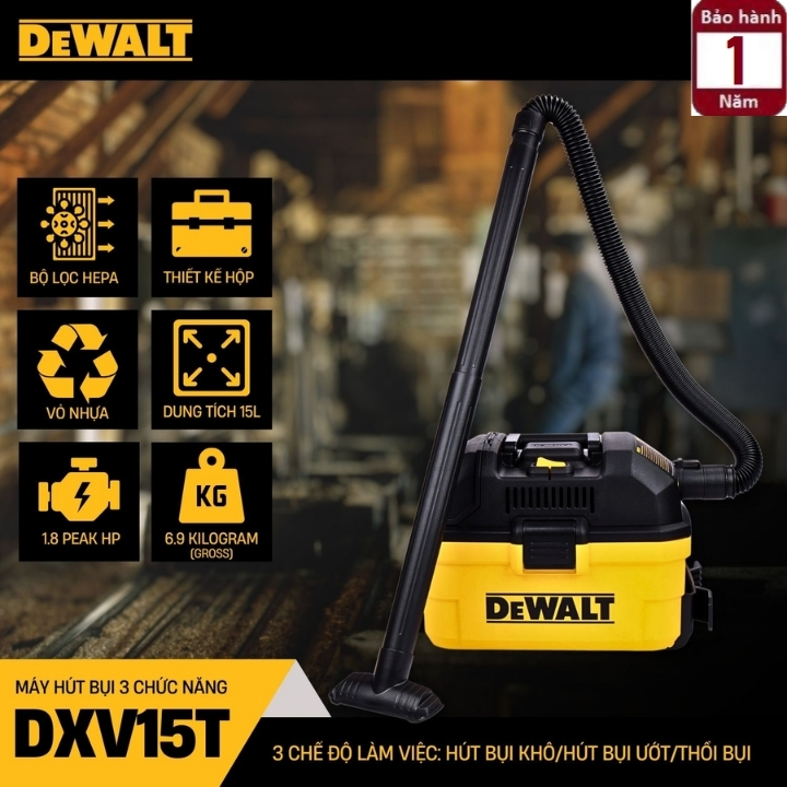 Máy hút bụi mini 3 chức năng Dewalt DXV15T - 15 lít - 1.8hp - hút bụi khô - ướt - thổi bụi\