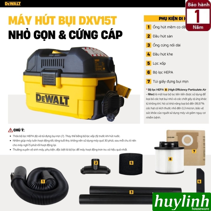 Máy hút bụi mini 3 chức năng Dewalt DXV15T - 15 lít - 1.8hp - hút bụi khô - ướt - thổi bụi 3