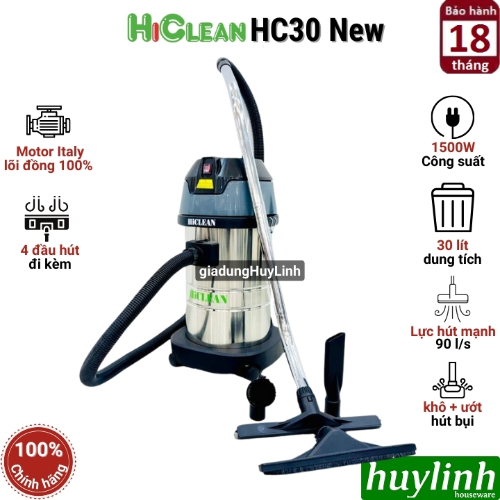 Máy hút bụi công nghiệp Hiclean HC30 New - Công suất 1500W - Dung tích 30 lít