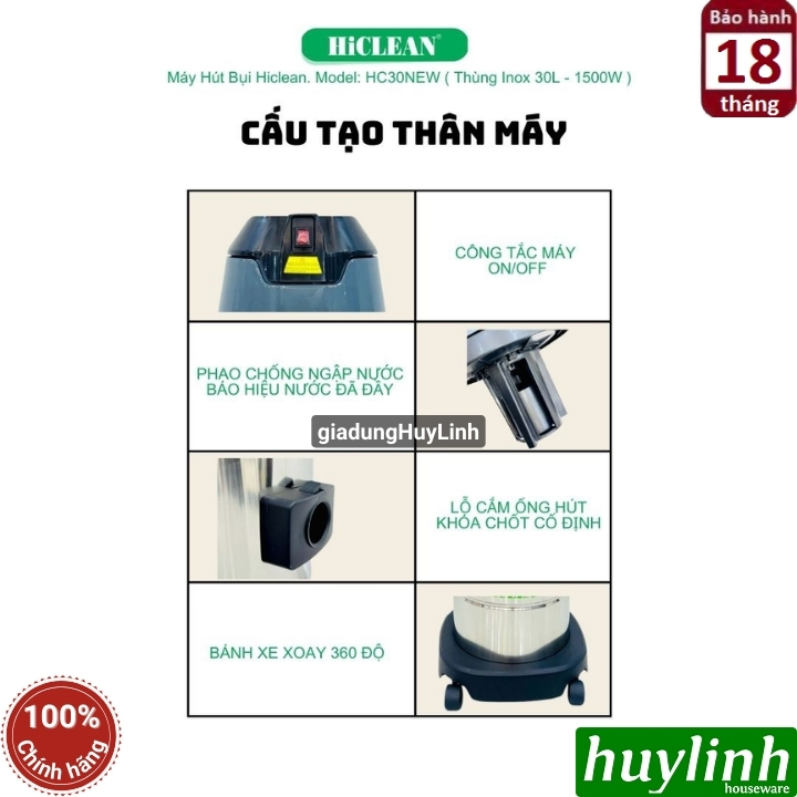 Máy hút bụi công nghiệp Hiclean HC30 New - Công suất 1500W - Dung tích 30 lít 4
