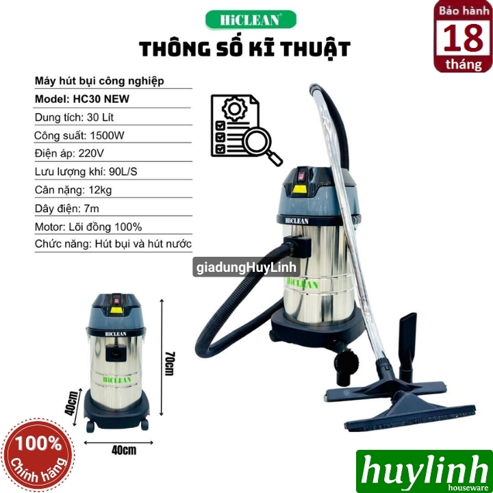 Máy hút bụi công nghiệp Hiclean HC30 New - Công suất 1500W - Dung tích 30 lít 5