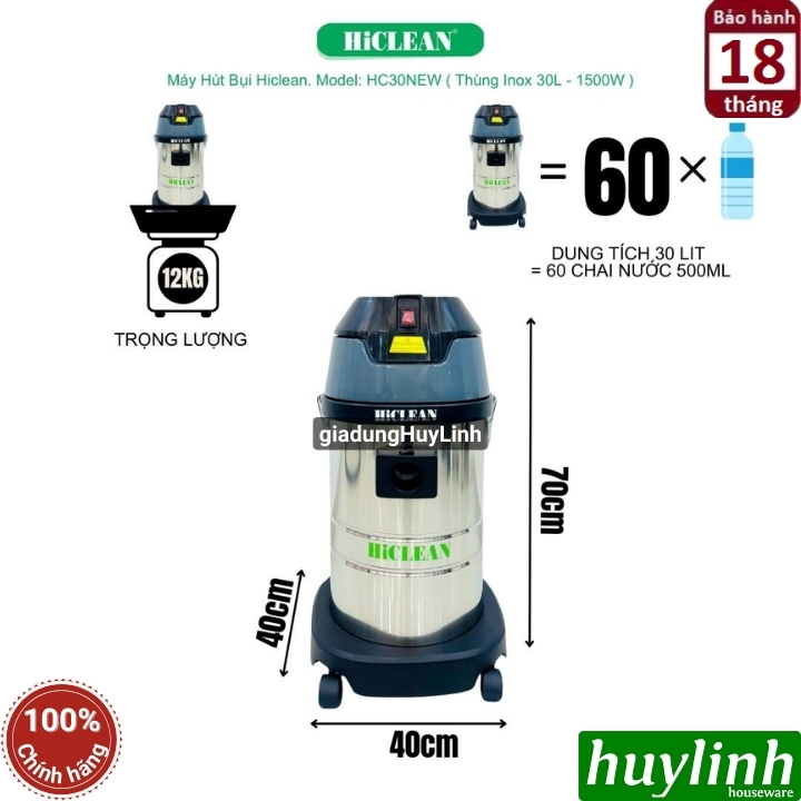 Máy hút bụi công nghiệp Hiclean HC30 New - Công suất 1500W - Dung tích 30 lít 6