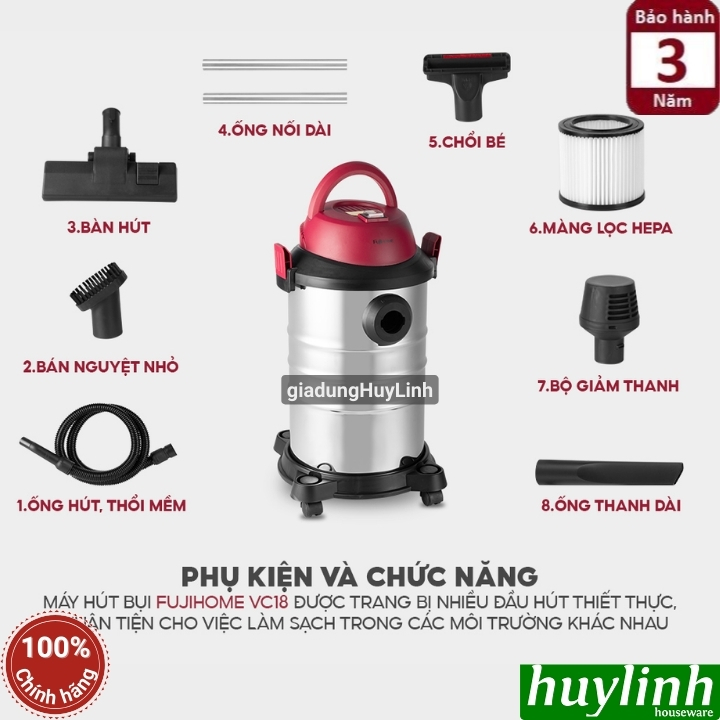 Máy hút bụi khô - ướt - thổi bụi FujiHome VC18 - 18 lít - Motor italy lõi đồng 3