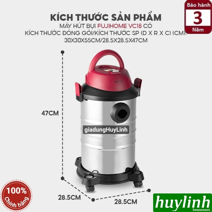 Máy hút bụi khô - ướt - thổi bụi FujiHome VC18 - 18 lít - Motor italy lõi đồng 4