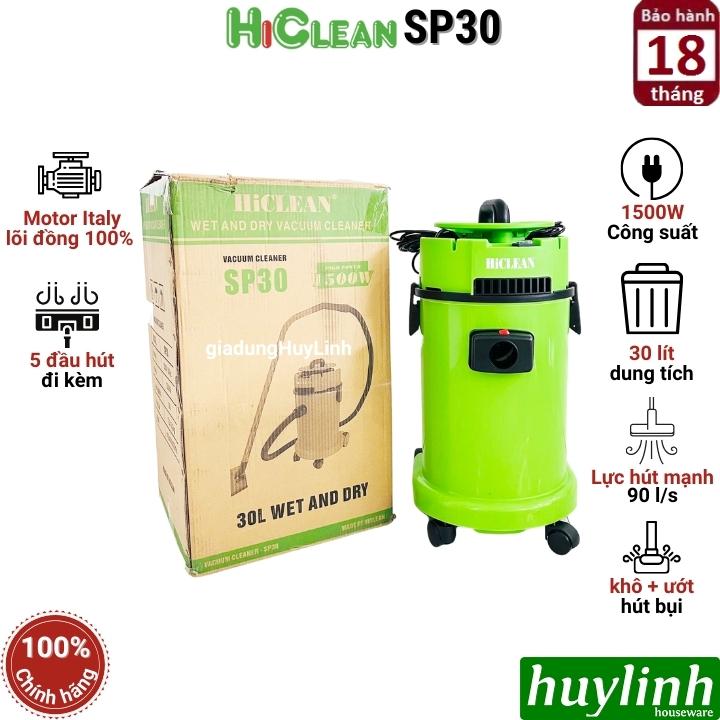 Máy hút bụi Khô và Ướt HiClean SP30 - 30 lít - 1500W - Thùng nhựa