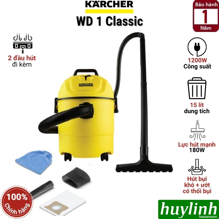 Máy hút bụi Karcher WD1 Classic - 3 chức năng hút bụi khô - ướt và thổi bụi