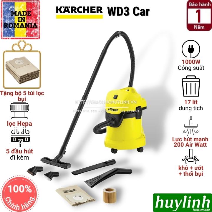 Máy hút bụi khô và ướt Karcher WD3 Car - Tặng bộ 5 túi lọc bụi trị giá 230.000
