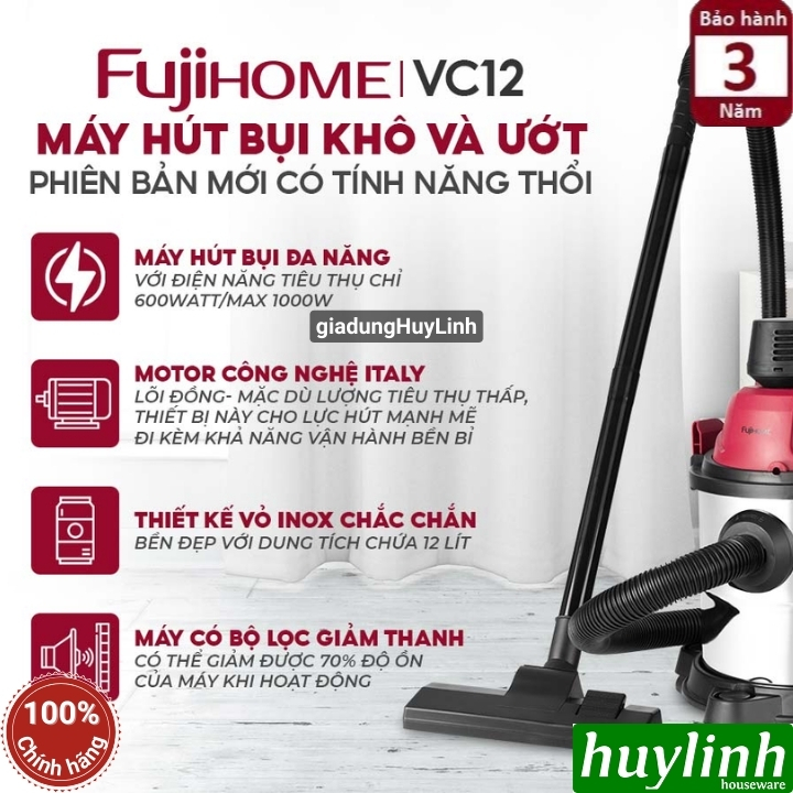 Máy hút bụi khô - ướt - thổi bụi FujiHome VC12 - 12 lít - Motor italy lõi đồng 2