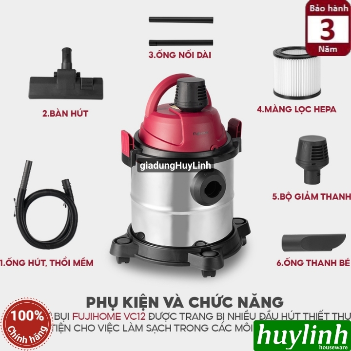 Máy hút bụi khô - ướt - thổi bụi FujiHome VC12 - 12 lít - Motor italy lõi đồng 3
