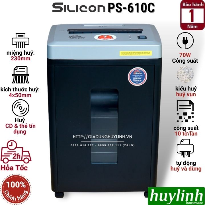 Máy hủy tài liệu Silicon PS-610C - 10 tờ/lần - 21 lít